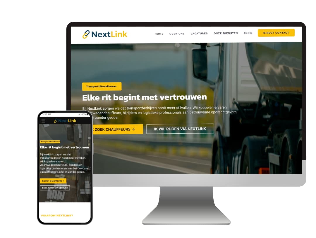 Tilted Laptop Mockup displaying Next-Link.nl website